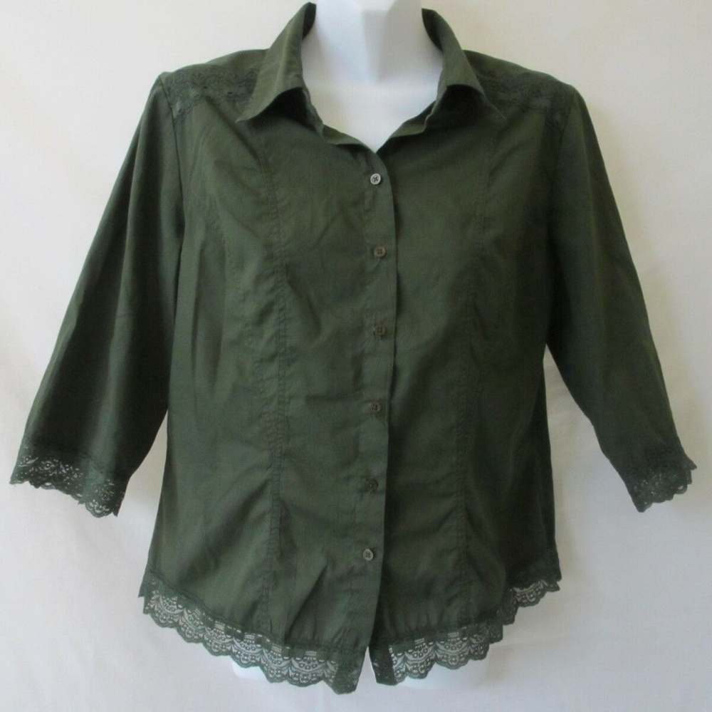 WOMEN 14 DARK GREEN BLOUSE 3/4 SLEEVE LACE COTTON